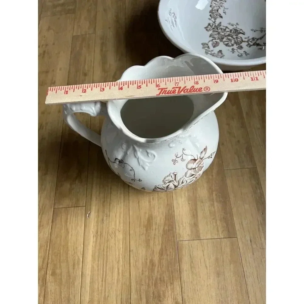 Antique Brown Transfer Ironstone Wash Bowl And Pitcher Morning Glory Pattern
